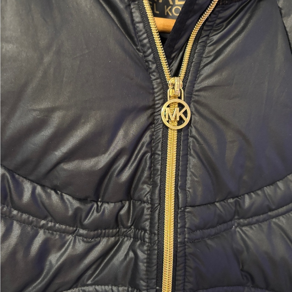 Michael Kors Black brown Hi low down Puffer Jacket with Gold MK Accents - Picture 15 of 16